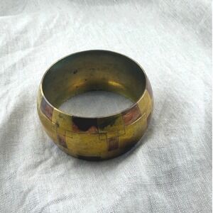 Vintage Brass Cuff Bracelet Mosaic Inlay Gold Copper Bangle